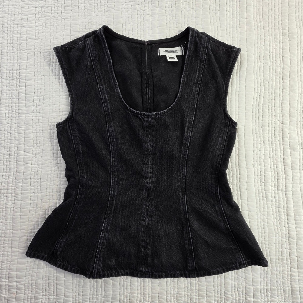 Madewell Denim Corset Top 00 Lunar Rinse Washed Black Peplum Sleeveless EUC